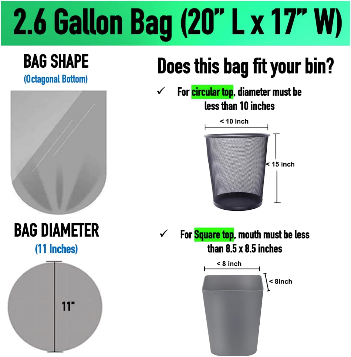 2.6 Gallon Clear Bathroom Trash Bags (240 Bags) Small Garbage Bags 10 Liter Can Liners