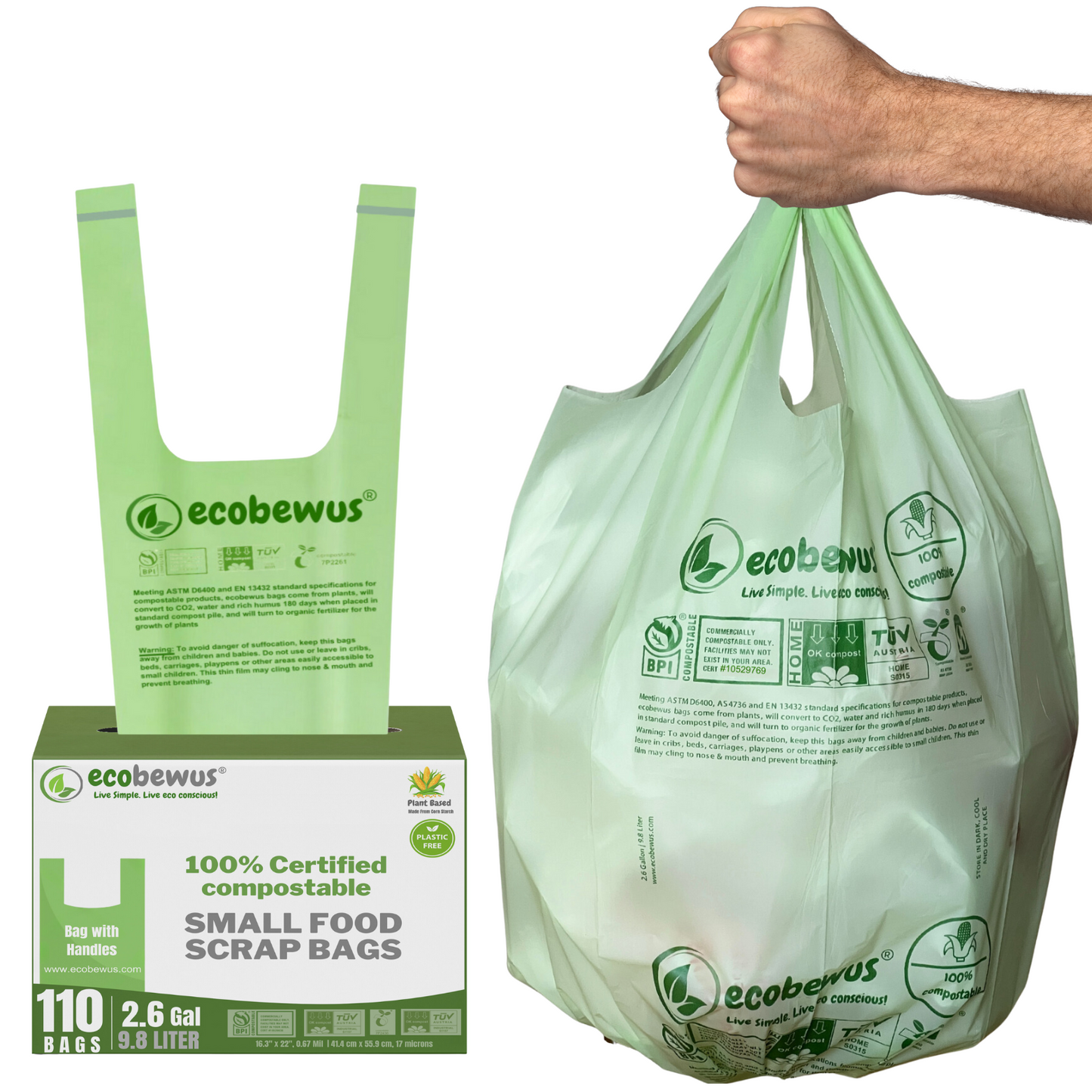 2.6 Gallon 100% Compostable Bags Handle Tie (110 Bags) Food Scrap Bags US BPI Certified ASTM D6400 (110 ct.)